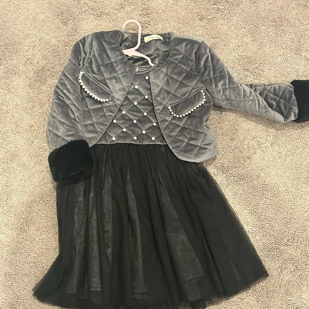 Grey & black dress with matching jacket with pearl embellishments